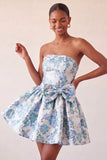 Vestido de regresso a casa azul A-strapless A-Line A-Line Floral com Renda Atrás e Laço