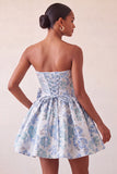 Vestido de regresso a casa azul A-strapless A-Line A-Line Floral com Renda Atrás e Laço