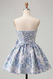 Vestido de regresso a casa azul A-strapless A-Line A-Line Floral com Renda Atrás e Laço