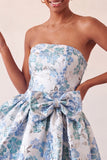 Vestido de regresso a casa azul A-strapless A-Line A-Line Floral com Renda Atrás e Laço