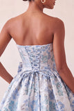 Vestido de regresso a casa azul A-strapless A-Line A-Line Floral com Renda Atrás e Laço