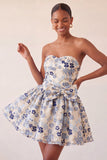 Vestido de regresso a casa azul A-strapless A-Line A-Line Floral com Renda Atrás e Laço