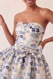 Vestido de regresso a casa azul A-strapless A-Line A-Line Floral com Renda Atrás e Laço