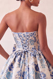 Vestido de regresso a casa azul A-strapless A-Line A-Line Floral com Renda Atrás e Laço