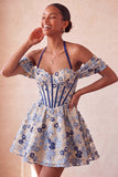 Vestido de Regresso a Casa Floral Jacquard com Espartilho A-Line Rosa Claro, com Renda nas Costas