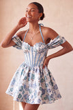 Vestido de Regresso a Casa Floral Jacquard com Espartilho A-Line Rosa Claro, com Renda nas Costas