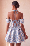 Vestido de Regresso a Casa Floral Jacquard com Espartilho A-Line Rosa Claro, com Renda nas Costas