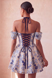 Vestido de Regresso a Casa Floral Jacquard com Espartilho A-Line Rosa Claro, com Renda nas Costas