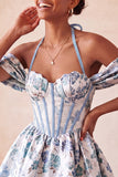 Vestido de Regresso a Casa Floral Jacquard com Espartilho A-Line Rosa Claro, com Renda nas Costas
