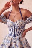 Vestido de Regresso a Casa Floral Jacquard com Espartilho A-Line Rosa Claro, com Renda nas Costas