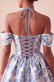 Vestido de Regresso a Casa Floral Jacquard com Espartilho A-Line Rosa Claro, com Renda nas Costas