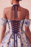 Vestido de Regresso a Casa Floral Jacquard com Espartilho A-Line Rosa Claro, com Renda nas Costas