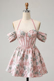 Vestido de Regresso a Casa Floral Jacquard com Espartilho A-Line Rosa Claro, com Renda nas Costas