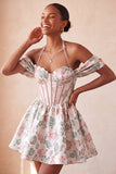 Vestido de Regresso a Casa Floral Jacquard com Espartilho A-Line Rosa Claro, com Renda nas Costas