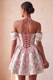 Vestido de Regresso a Casa Floral Jacquard com Espartilho A-Line Rosa Claro, com Renda nas Costas