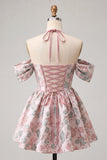 Vestido de Regresso a Casa Floral Jacquard com Espartilho A-Line Rosa Claro, com Renda nas Costas