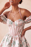 Vestido de Regresso a Casa Floral Jacquard com Espartilho A-Line Rosa Claro, com Renda nas Costas