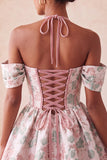 Vestido de Regresso a Casa Floral Jacquard com Espartilho A-Line Rosa Claro, com Renda nas Costas