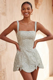 Vestido de regresso a casa, com decote quadrado Jacquard Sálvia e Sálvia Empoeirada, Renda Floral, Renda nas Costas, com Laço