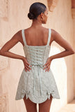 Vestido de regresso a casa, com decote quadrado Jacquard Sálvia e Sálvia Empoeirada, Renda Floral, Renda nas Costas, com Laço