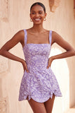 Vestido de regresso a casa, com decote quadrado Jacquard Sálvia e Sálvia Empoeirada, Renda Floral, Renda nas Costas, com Laço