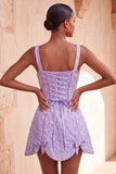 Vestido de regresso a casa, com decote quadrado Jacquard Sálvia e Sálvia Empoeirada, Renda Floral, Renda nas Costas, com Laço
