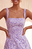 Vestido de regresso a casa, com decote quadrado Jacquard Sálvia e Sálvia Empoeirada, Renda Floral, Renda nas Costas, com Laço