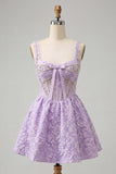 Vestido de regresso a casa, Corset roxo claro de decote quadrado, Jacquard renda nas costas e misangas