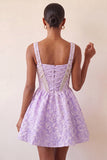 Vestido de regresso a casa, Corset roxo claro de decote quadrado, Jacquard renda nas costas e misangas