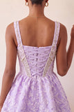 Vestido de regresso a casa, Corset roxo claro de decote quadrado, Jacquard renda nas costas e misangas