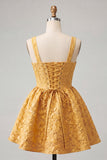 Vestido de Finalistas Amarelo Jacquard Amarelo Floral Rendado Atrás com Laço