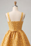 Vestido de Finalistas Amarelo Jacquard Amarelo Floral Rendado Atrás com Laço