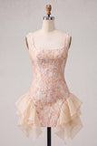 Champanhe Jacquard com decote quadrado, renda nas costas, vestido justo de finalistas com folhos