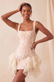 Champanhe Jacquard com decote quadrado, renda nas costas, vestido justo de finalistas com folhos