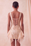 Champanhe Jacquard com decote quadrado, renda nas costas, vestido justo de finalistas com folhos