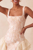 Champanhe Jacquard com decote quadrado, renda nas costas, vestido justo de finalistas com folhos