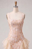 Champanhe Jacquard com decote quadrado, renda nas costas, vestido justo de finalistas com folhos