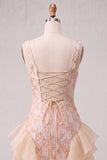 Champanhe Jacquard com decote quadrado, renda nas costas, vestido justo de finalistas com folhos