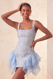 Champanhe Jacquard com decote quadrado, renda nas costas, vestido justo de finalistas com folhos