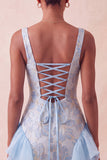 Champanhe Jacquard com decote quadrado, renda nas costas, vestido justo de finalistas com folhos