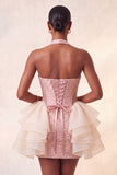 Vestido de Homecoming Bodycon Bodycon, decote floral de decote alto cor-de-rosa claro, com decote halter, flor rendado nas costas, com folhos