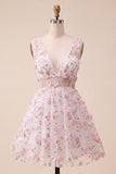 Vestido de Finalistas de Finalistas Blush com decote em V, floral em linha A, com renda nas costas