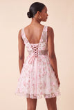 Vestido de Finalistas de Finalistas Blush com decote em V, floral em linha A, com renda nas costas