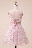 Vestido de Finalistas de Finalistas Blush com decote em V, floral em linha A, com renda nas costas