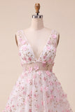 Vestido de Finalistas de Finalistas Blush com decote em V, floral em linha A, com renda nas costas