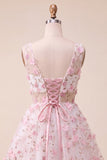 Vestido de Finalistas de Finalistas Blush com decote em V, floral em linha A, com renda nas costas