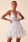 Vestido de Finalistas de Finalistas Blush com decote em V, floral em linha A, com renda nas costas