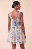 Vestido de Finalistas de Finalistas Blush com decote em V, floral em linha A, com renda nas costas
