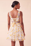 Vestido de Finalistas de Finalistas Blush com decote em V, floral em linha A, com renda nas costas