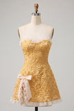 Sweetheart Yellow Jacquard A-Line com folhos e vestido de finalistas com fenda